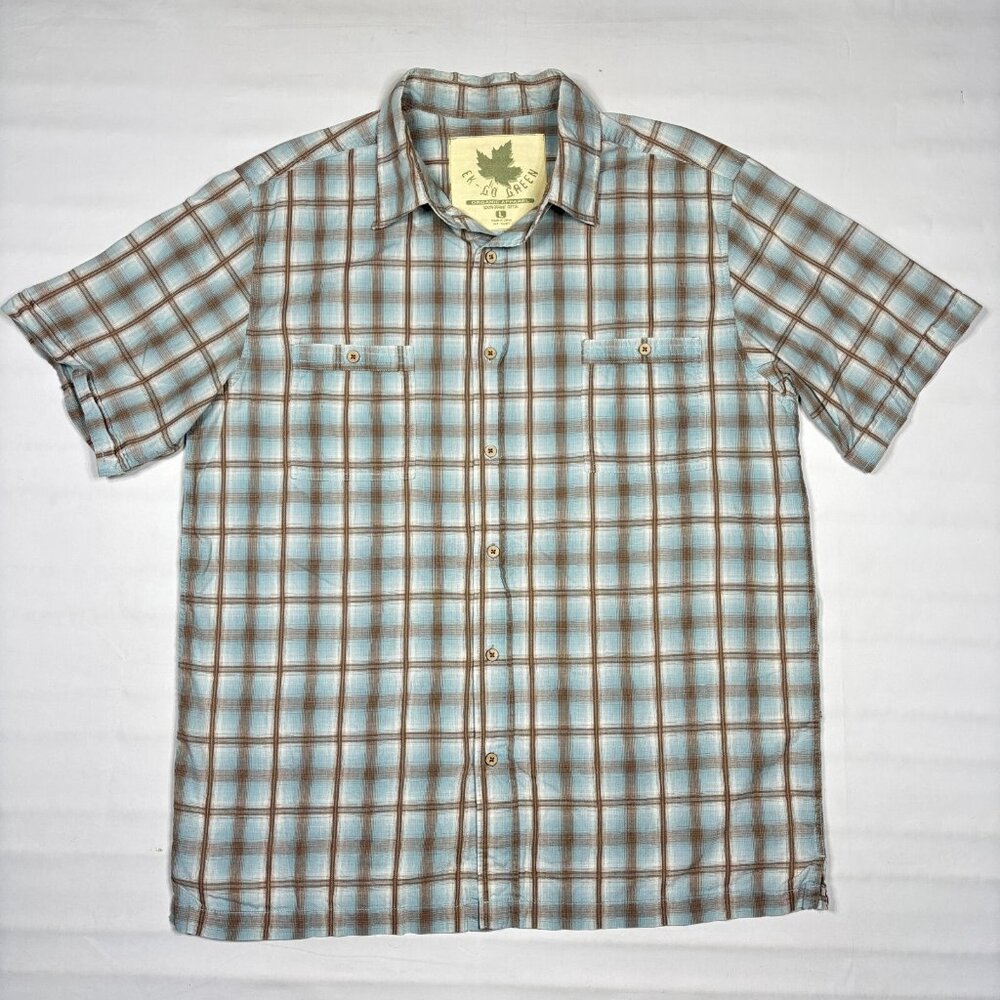 Ek-Go Green Mens L Blue Plaid 100% Organic Cotton Short Sleeve Button Shirt